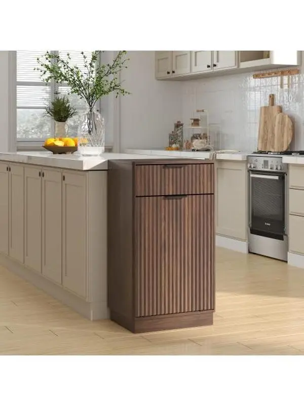 Bellemave 10-Gal Walnut Smooth Engineered Wood Tilt-Out Trash Can Industrial Sideboard Buffet Cabinet - Farmhouse Storage Cabinet with Pre-Drilled Parts, Clever Storage, Small Footprint, Dual Zones, Wave-Textured Hideaway Drawer for Kitchen, Laundry
