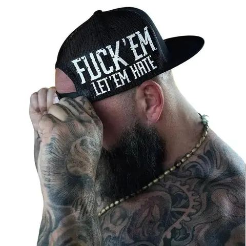 The Drive Clothing "LET 'EM HATE" Black Adjustable Cotton Snapback Baseball Cap - 2.75 inches Brim Length, 4.5 inches Crown Height, Flat Bill, Mesh Back, Bold White Side Print, Unisex Fit, Streetwear Fashion Essential, Black Hats, Spot Clean