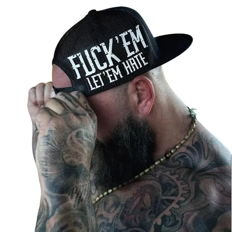 The Drive Clothing "LET 'EM HATE" Black Adjustable Cotton Snapback Baseball Cap - 2.75 inches Brim Length, 4.5 inches Crown Height, Flat Bill, Mesh Back, Bold White Side Print, Unisex Fit, Streetwear Fashion Essential, Black Hats, Spot Clean