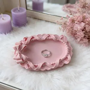 Luxury Pearl Ribbon Bow Oval Tray Jewelry Storage Holder, Bathroom Vanity Organizer, Home Decor Gift for Mom Sister Girlfriend