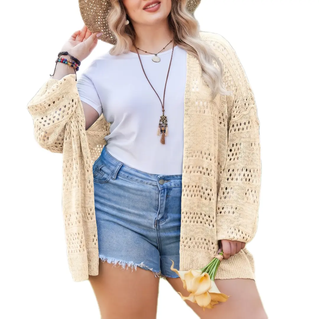 Women's Plus Size Fashion Knitwear - Breathable Lightweight Long-Sleeve Open-Front Shawl Cardigan, Minimalist Baggy Oversized Chunky Boho Batwing Crochet Kimono-Vibe Hip-Length Casual Top for Summer Beach, Jeans Matching