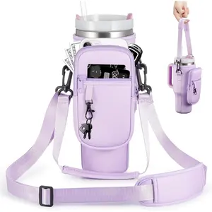 Water Bottle Carrier Bag with Phone Pocket for  40 & 30 oz Tumbler with Handle,Pink Insulated Neoprene Cup Holder Pouch w/Adjustable Strap for Quencher H2.0  Cup Accessories