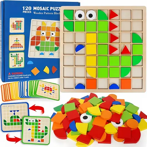 120-Piece Wooden Puzzle Set – 3D Animal & Geometric Blocks, Montessori STEM Toy for Kids Ages 3-8, Shape Sorter Brain Builder, Christmas Gift for Boys Girls, Problem-Solving & Hand-Eye Skills,familyfun