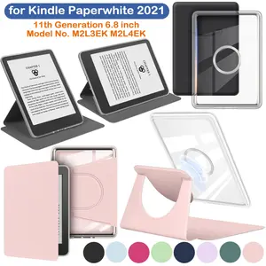Acrylic Magnetic Bracket Case for Kindle Paperwhite 2021 11th Generation 6.8 Inch (Model No. M2L3EK M2L4EK) 360 Degree Rotating Portable Pouch 6.8'' Accessories Detachable Stand Protective Durable Adjustable Cover Clear Back with Auto Sleep/Wake