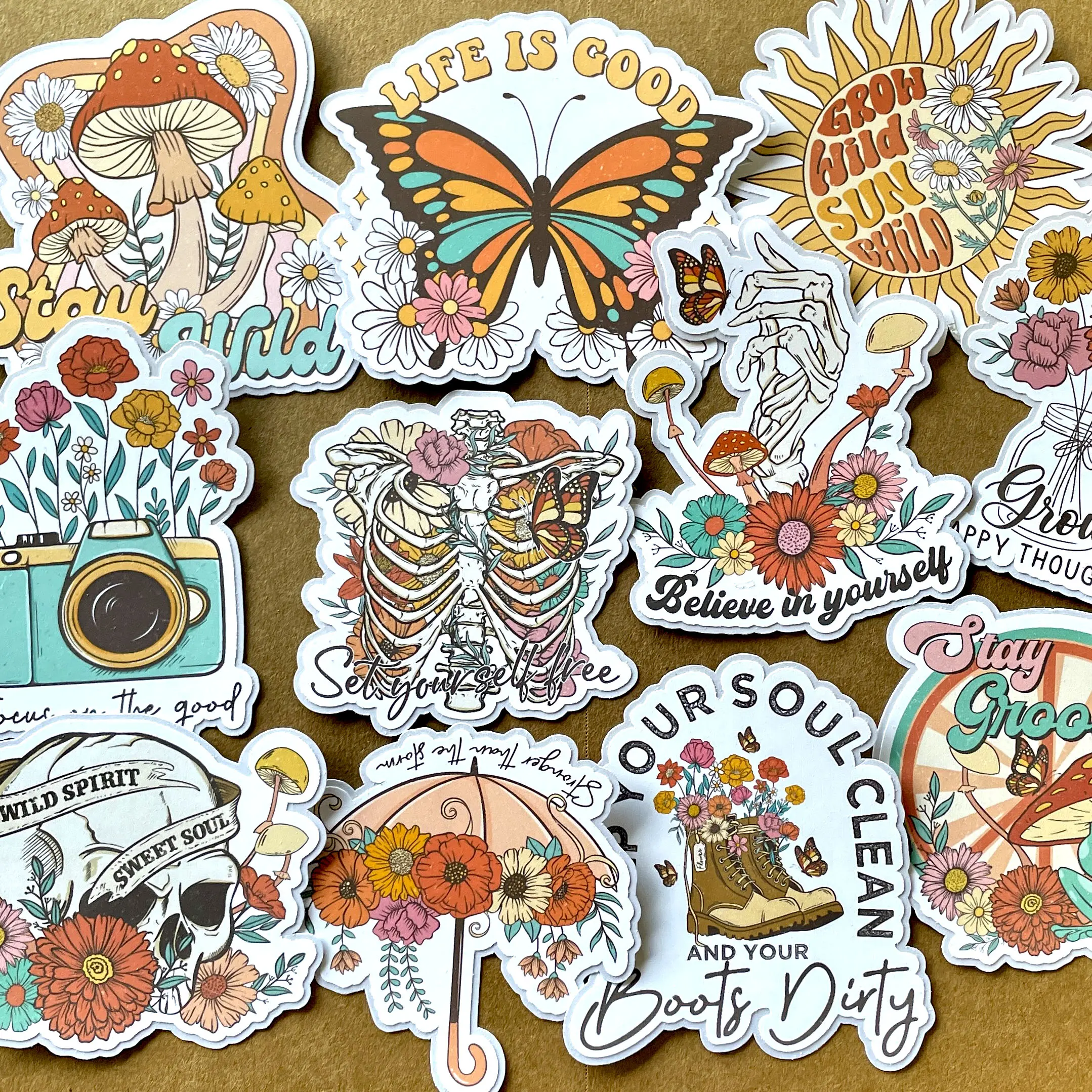 Boho Inspirational Stickers, Hippie Sticker Pack, Retro Flowers, Self Love Floral Stickers for Kindle Laptop Water Bottle, Boho Aesthetic