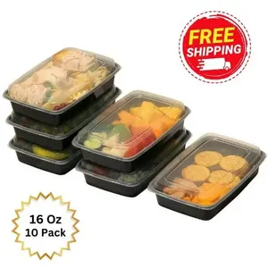 [10 Pack] 16 Oz Meal Prep Food Storage Containers | Rectangle Black Container | Food Containers With Lids | Microwavable | Disposable Food Containers | To Go Food Container | Take Out Food Containers