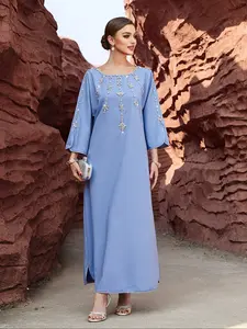 Women's Long Abaya Dress with Beaded Embellishments, Handmade Water Drill & Flared Sleeves Design, Elegant Arabic Style Clothing