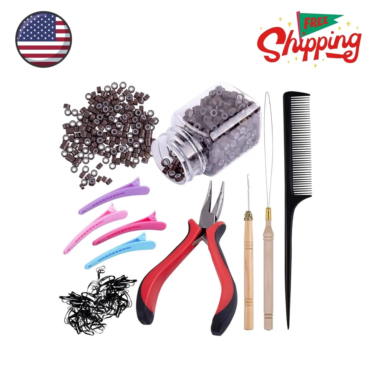 Hair Extensions Kit 500 Pcs Brown Micro Ring Beads 1 Micro Beads Plier 2 Hook