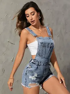 Women's Summer Washed American Style Elastic Tight Fit Strappy Strap Sleeveless Shorts Overalls Jumpsuit, Comfortable and Stylish, Perfect for Casual Wear