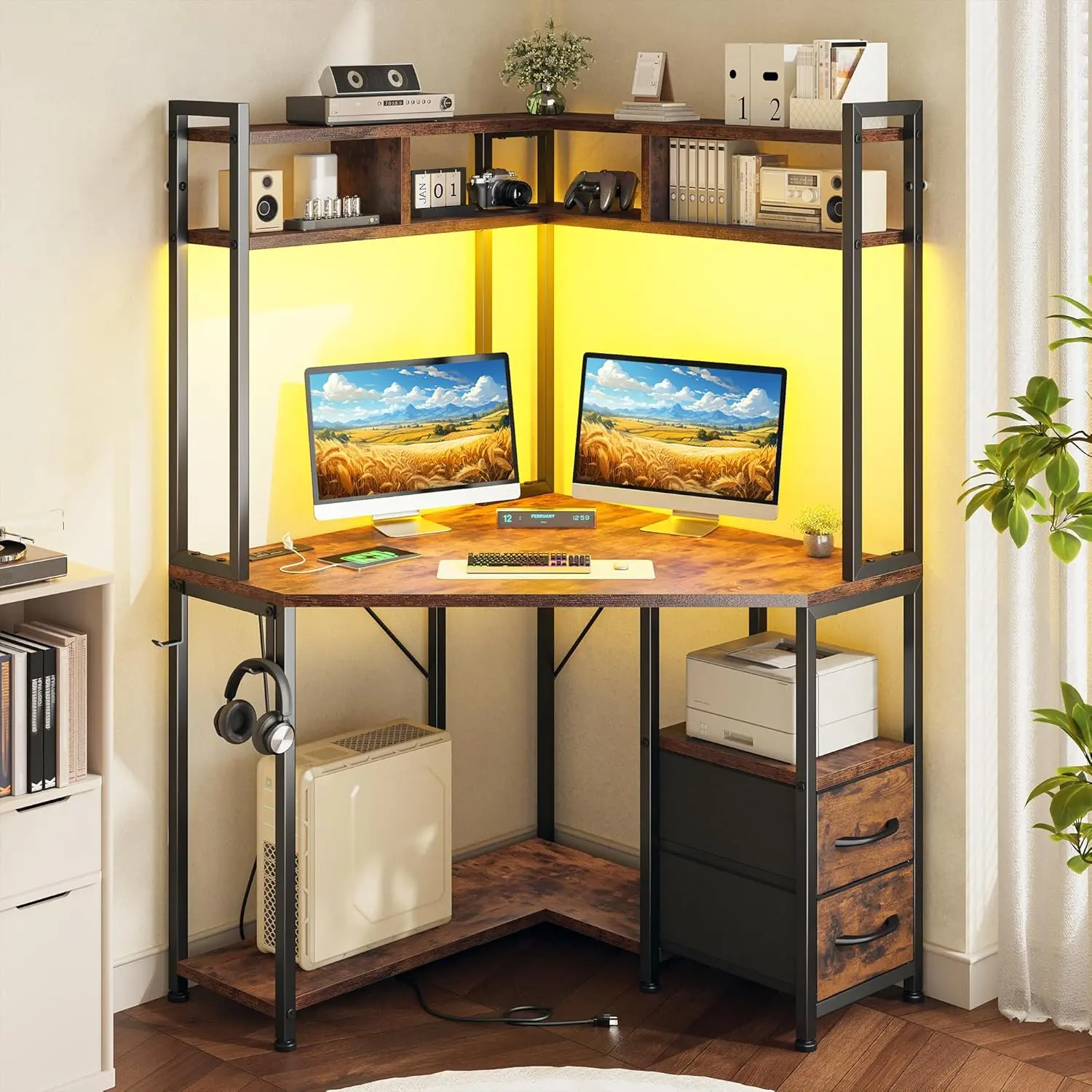 【Corner Office desk】Raybee 35.4" W x 63" H Corner Desk with Hutch & LED Lights, Triangle Corner Desk & Computer Desk with 2 Drawers for Storage & Shelves & Hook, Office Desk for Bedroom, Small Space gaming desk,perfect for home-office & tiny room space