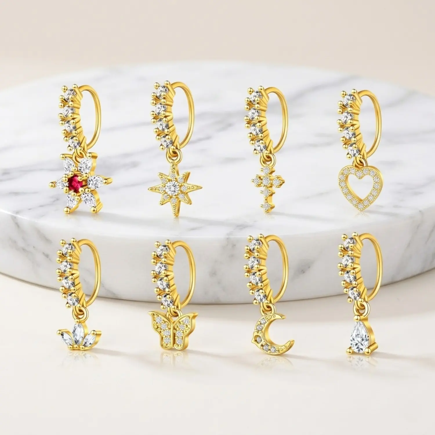 Gold Dangle Nose Rings Hoop Set, 8-Piece 20G Surgical Steel Piercing Jewelry for Women, CZ Flower Butterfly Charms for Septum & Cartilage