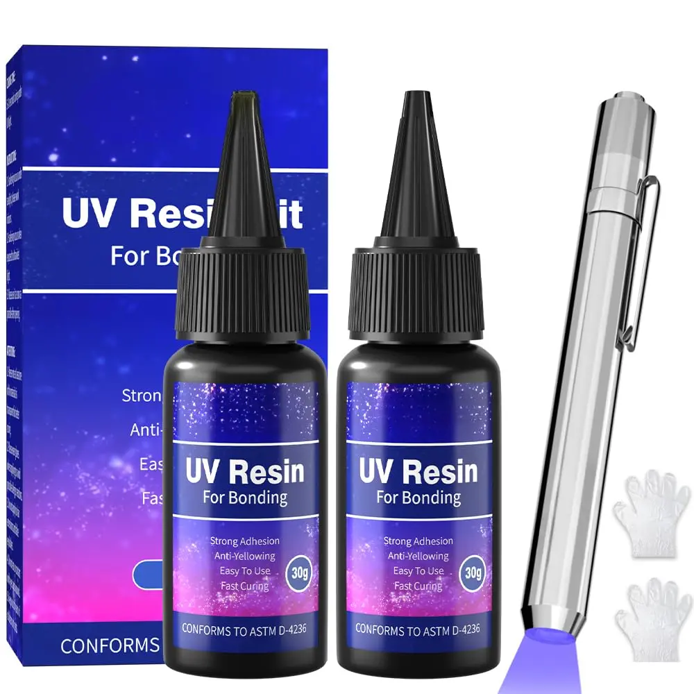 UV Resin Kit with Light, 60g/2oz Fast Drying Beginner-Friendly Kit, Bonding & Repairing in Seconds, 30g*2 Clear UV Glue with UV Penlight for Resin, Plastic, Glass, Acrylic
