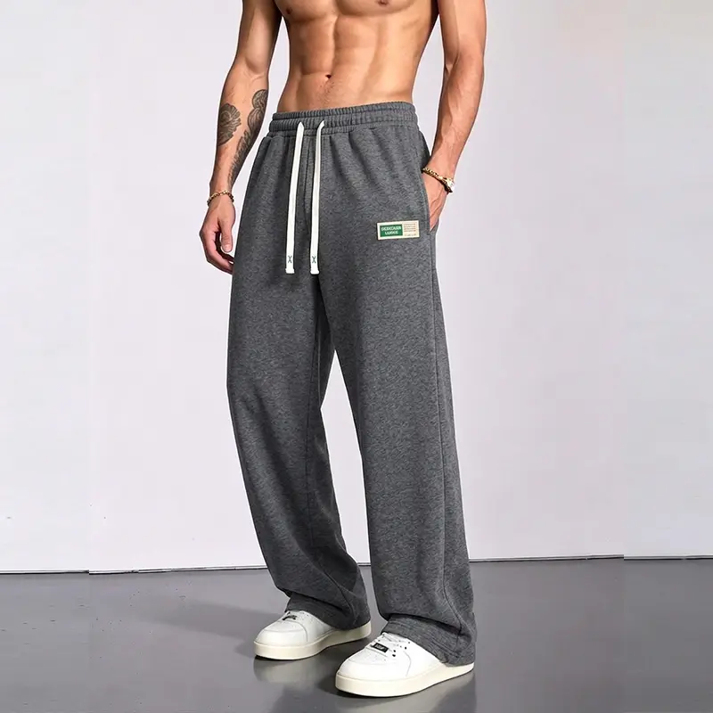 Men’s Basic Wide-Leg Solid Sweatpants with Label Patch Decoration, Suitable for Everyday Wear & Multiple Seasons