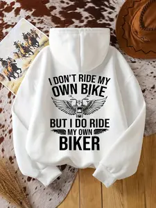 Women's Funny Motorcycle Slogan Hoodie - "I Don't Ride My But I Ride My Motorcycle" White Sweatshirt with Biker Lettering & Pocket, Motorcycle Enthusi