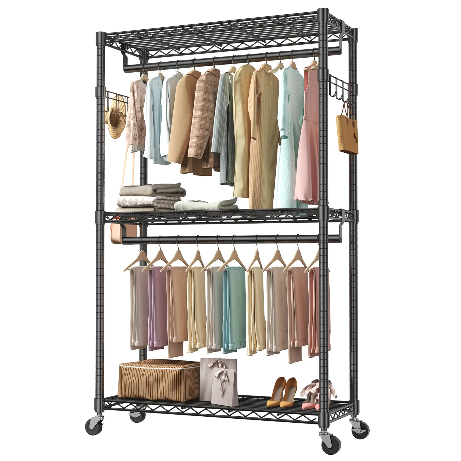 Portable Closet, Rolling Clothes Rack, Wardrobe Closet with Adjustable Shelves, Metal Garment Rack with Lockable Wheels, for Cloakroom, Bedroom Storage, Laundry Room Display Rack Steel