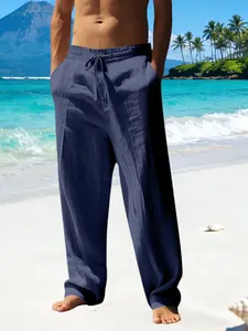 Men's Linen Breathable Casual Pants, Beach Straight Leg, Drawstring Elastic Waist, Tropical Summer Vacation Style, Loose Fit, Mid Waist, Solid Pattern