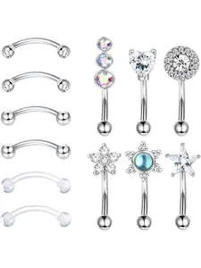 Delicate 12 Pcs Silvery Sparkling Eyebrow Rings Copper Stainless Steel Rook Daith Earring Set for Women Men Stylish 16G Lip Rings Barbell Curved Ring Cartilage Tragus Earring Body Piercings Side Labret Jewelry