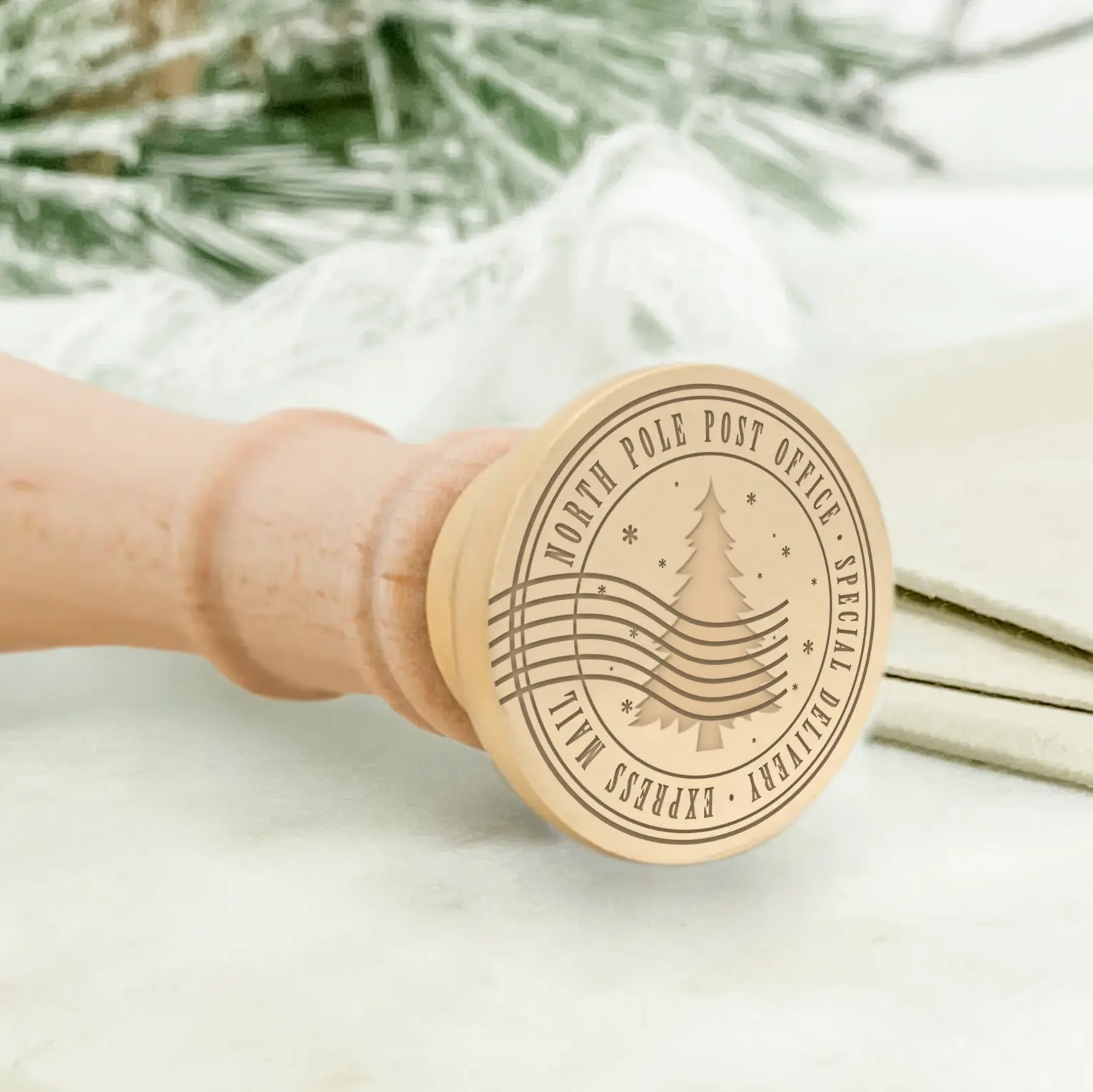 North Pole Postage Square Wax Seal Stamp with Wooden Handle - Christmas Celebration Design