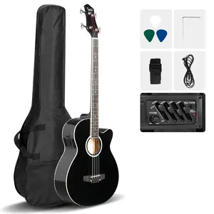 101 4-String Electric Acoustic Bass Guitar Pack with Basswood Top, 4-Band EQ-7545R Equalizer, Black, Accessories Kit, Strap, Wrench Tool for Beginners