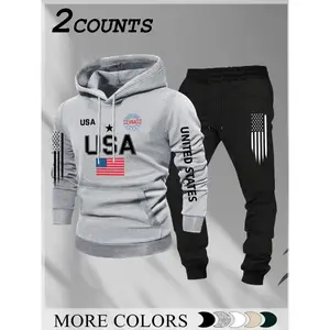 Two-Piece Set Men's Athletic Regular Fit Angel Print Zip Up Hoodie & Pants Set, Casual Long Sleeve Hooded Fitted Sweatshirt & Jogger Pants, Men's Fall Clothes for Daily Wear