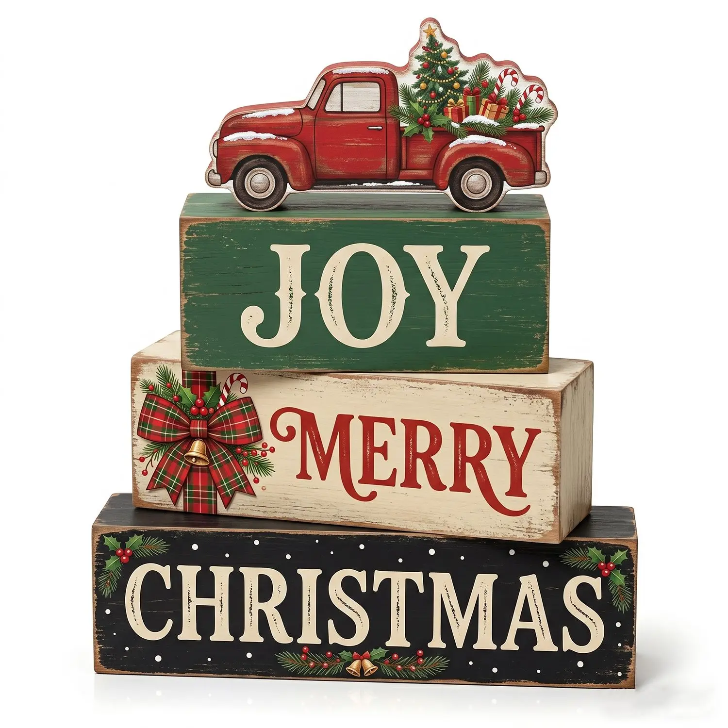 4-Piece Farmhouse Rustic Irregular Wooden Christmas Decoratives, Vintage Red Truck Tabletop Signs, Winter Tiered Tray Centerpiece for Mantel Fireplace Shelf