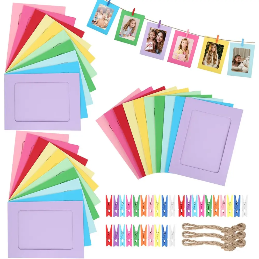 63pcs Creative Paper Photo Frame & Clip Kit - 30 8x11 cm Cardboard Frames, 30 Wooden Clips, 3x2m Hemp Ropes for Home Decor, Christmas Display of 6-inch Photos