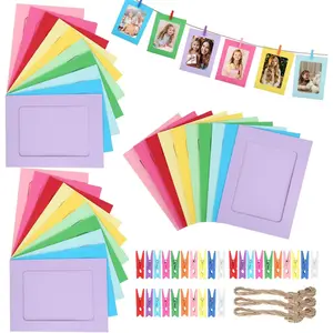 63pcs of Creative Paper Picture Frame & Clips Kit - 30 Paper Photo Frames, 30 Wooden Clips and 3pcs 2m Hemp Rope, 11.5x15.5cm Colourful Picture Frames, Cardboard Picture Frame For Home, School, Birthday Wedding Party Decoration