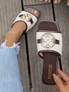 2026 New Fashion Women's Slide Sandals, Retro Monogram Canvas & Leather Buckle Flat Slippers, Open Toe Comfortable Casual Slides, Footwear Slide