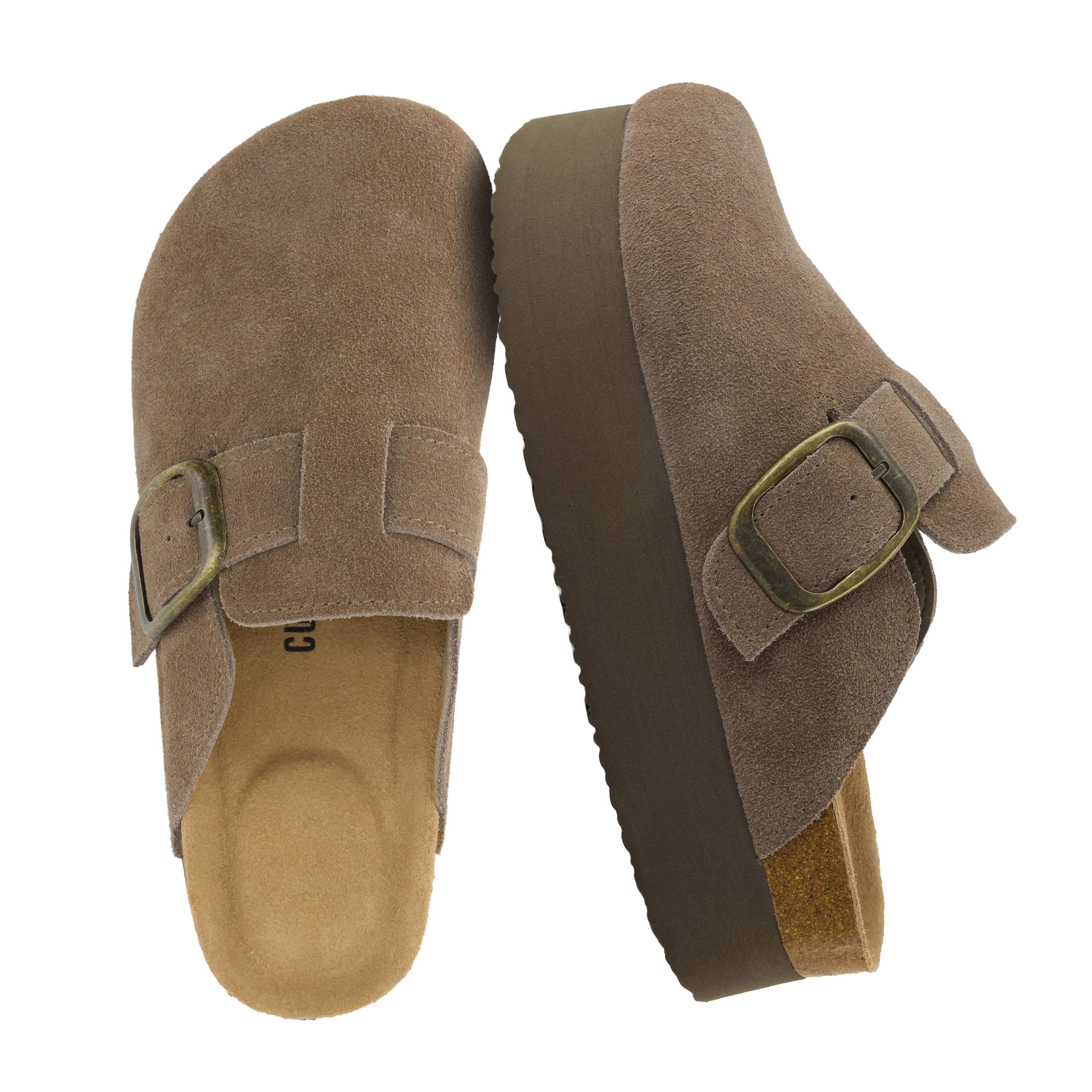 Cushionaire Granola Genuine Suede Platform Clogs for Women | Comfy Adjustable Buckle Slip-On Mules with Cushioned Cork Footbed | Comfortable Leather Clogs with Wide Widths Available