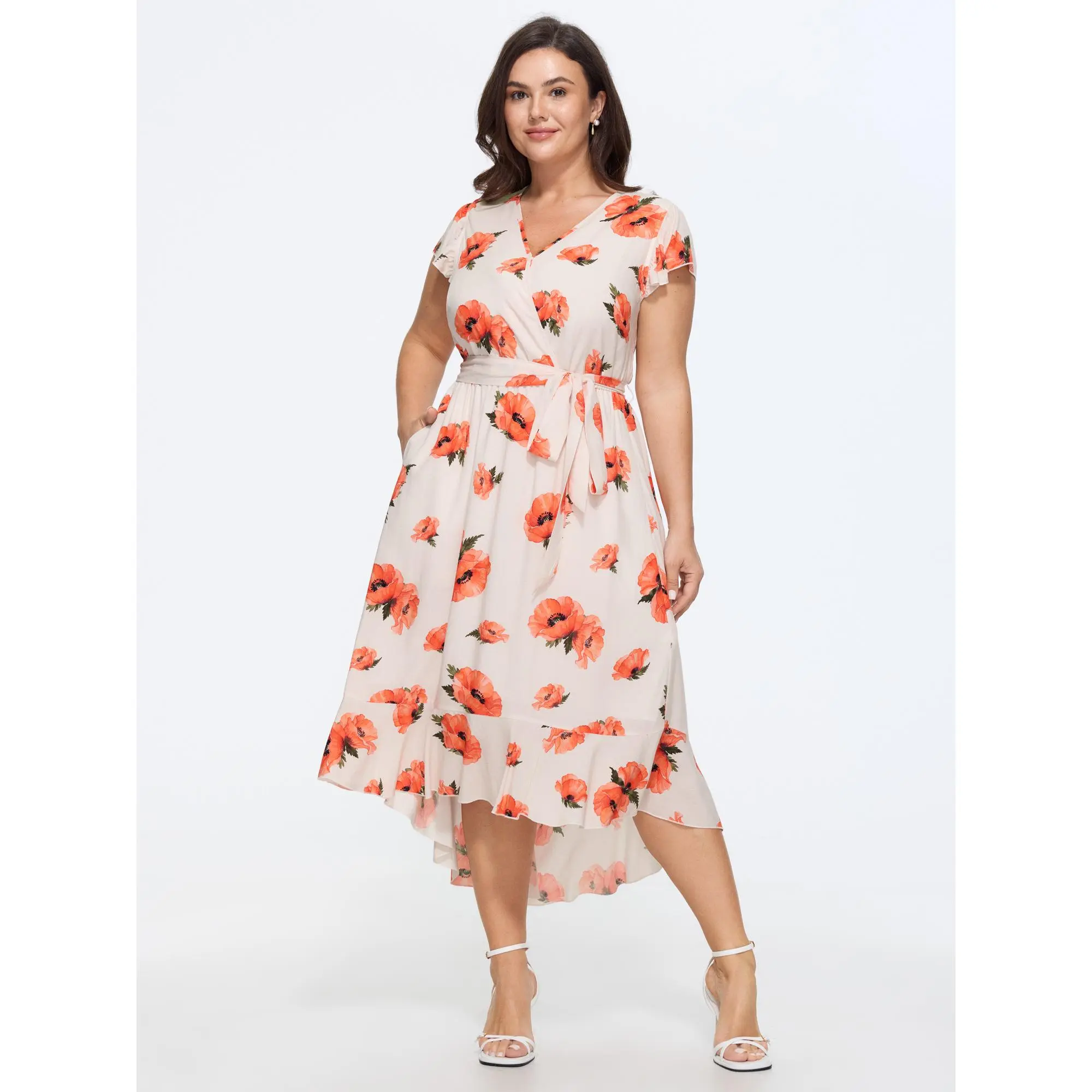BLOOMCHIC Women's Plus Size Casual Polyester Floral Print Wrap A-Line Midi Dress - Smooth Fabric Garment, Size M-6X, 2026 Summer Vacation Outfits, Pocket, Rayon, Sleeve, Collared Neck Casual Dresses, Regular Sleeve Casual Dresses