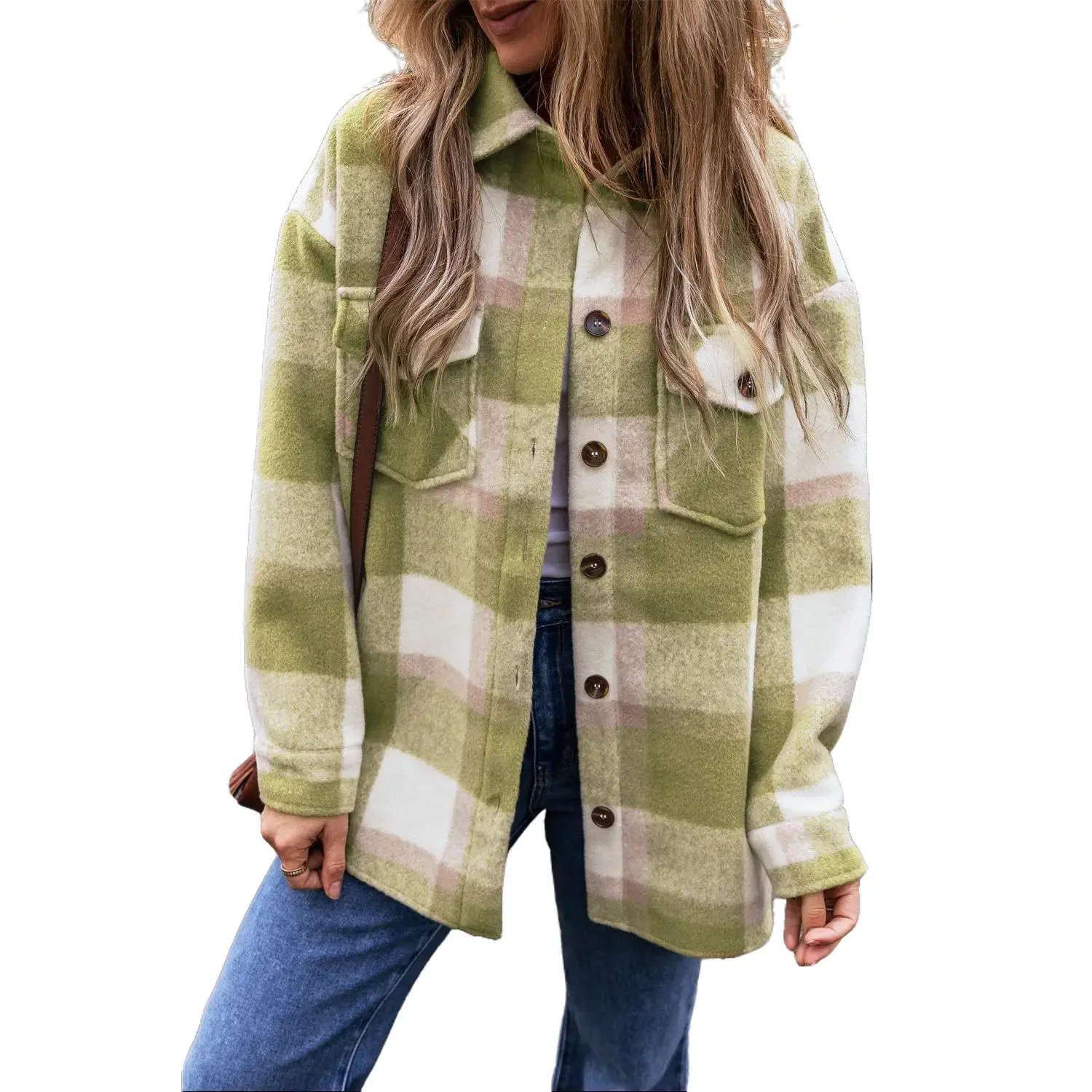 Sage Green Plaid Print Buttoned Flap Pockets Baggy Shacket