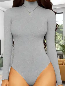1 Count Women’s Solid Color High Neck Long Sleeve Slim Fit Casual Bodysuit, Comfortable Stretchy Jumpsuit, Soft Fabric Warm Wearing Experience Loungewear, Fashionable Skinny Silhouette Womenswear, Classic Solid Hue Design, Suitable for Various Occasions