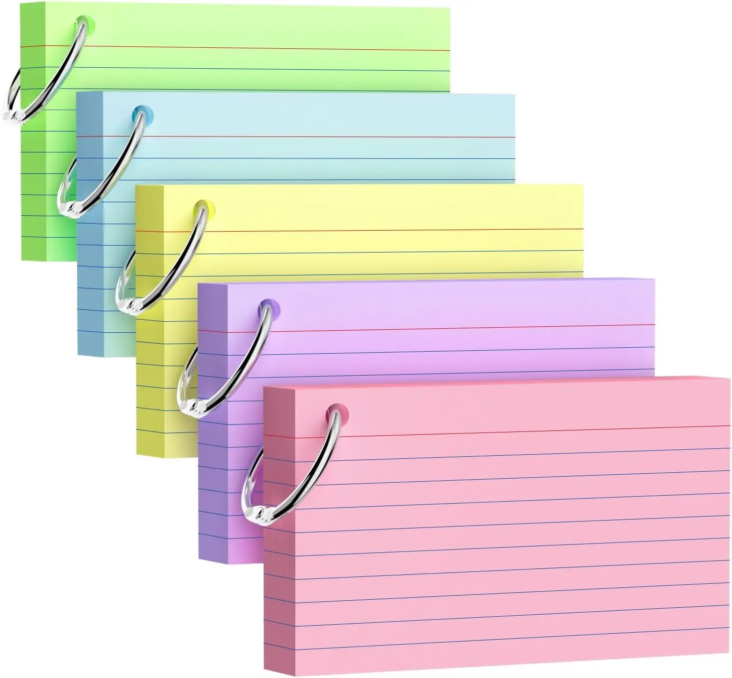 250 Pack 3×5 Inch Index Cards with Key Ring, 180gsm Thick Colored Flash Cards, 5 Assorted Colors (50 Sheets Each), Note Cards for Students, Study, Office & School Supplies