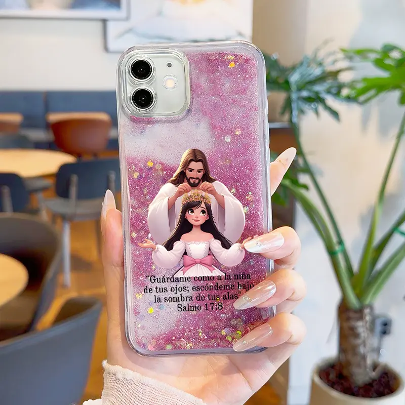 Suitable for [iPhone 11] Psalm 17:8 Faith Inspired Liquid Glitter Phone Case, Pink Sparkle Princess Style TPU Protective Case, Cute Feminine Christian Gift Phone Case for Her -JS996