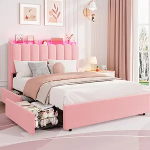 Garvee LED Full Size Bed Frame with Storage Headboard, Upholstered Platform Bed with 2 Drawers, Chic Wavy Headboard with Bookcase, No Box Spring Needed, Pink Boucle Design