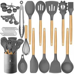 Chef Kitchen Cooking Utensil Set, 33 Piece Non-Stick Silicone Spatula Spoon Set with Storage Rack, Wood Handle Kitchen Tools, Kitchen Utensils Set