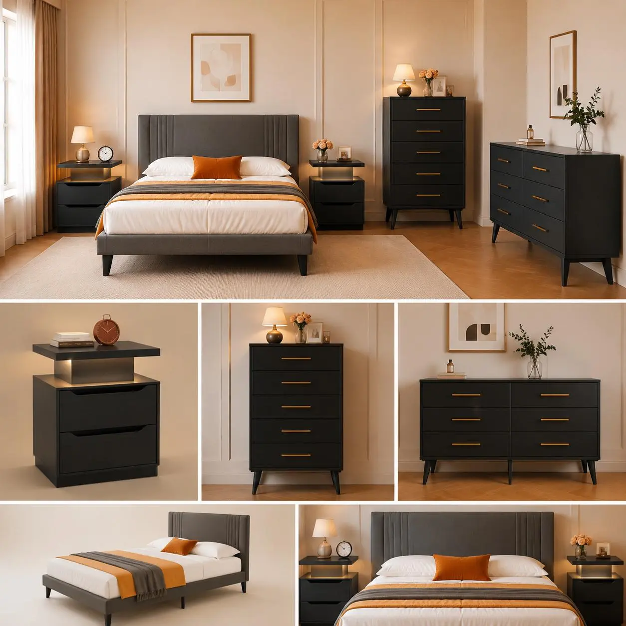 GIZOON 5-Piece Black Wood Bedroom Furniture Set - Queen Bed Frame, 5-Tall Drawer Dresser, 6-Wide Drawer Dresser, LED Nightstand Sets of 2 for Bedroom Decor