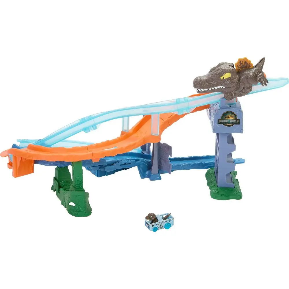 Jurassic World Hot Wheels Racer Verse Rebirth Crash and Splash Track Set and Die-Cast Dinosaur Toy Car