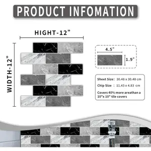 10 Sheets 12"X12" Peel and Stick Adhesive Subway Flat Vinyl Wall Tile Sticker Renter Friendly Marble Backsplash for Kitchen Bathroom (Not 3D Tile)