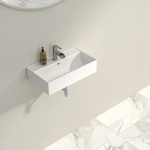Logmey 21" L x 12" W Wall Mounted Bathroom Sink Wall Hung White Ceramic Sink with Overflow and Faucet Hole