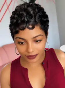 Chic Glueless Short Curly Human Hair Wigs With Bangs Natural Black Color Pixie Cut Wigs for Women Kinky Curly Wigs