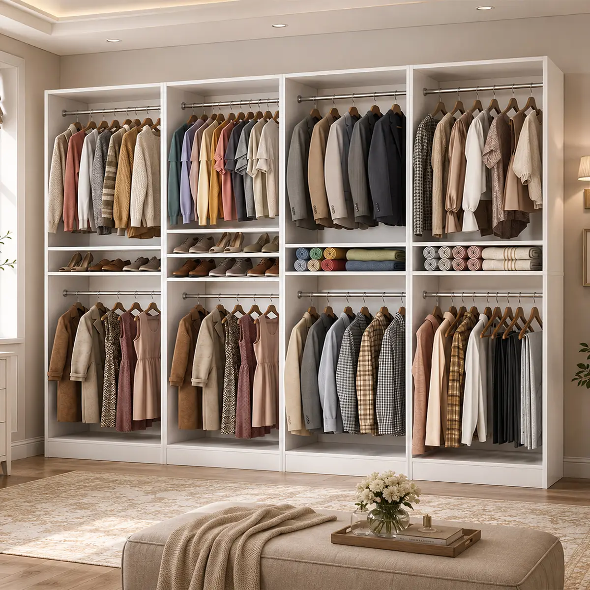 Cyclysio Adjustable Modular Closet Organizer System - Heavy-Duty Wood Rectangular Units, 24"-96" W Freestanding Custom-Built Wardrobes with Drawers, Hanging Rods, Display Shelves, 1-4 Piece Set for Closet Organization, Slim Space Saving for Small Rooms, S