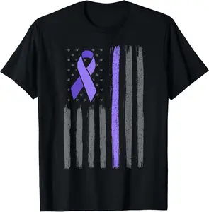 100% Cotton Unisex American flag ribbon stomach cancer awareness T-Shirt