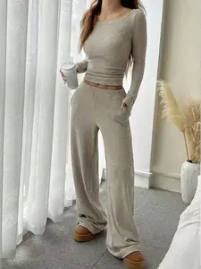 Women's Casual Striped Long Sleeve Top & Loose PocketPants Set, European Style Womenswear, Comfortable forDaily Wear Fit Clothes Everyday Suits Trouser Fashion