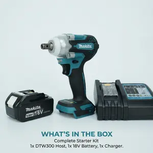 Makita DTW300 Brushless Impact Wrench with 18V Battery & Charger – 330 N·m Fastening Torque for M10 to M20 Bolts