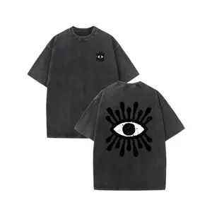 Couple Matching Vintage Washed Printed T Shirt Eye Pattern Black Drip Design Round Neck Short Sleeve Loose Fit Straight Hem Graphic Tee