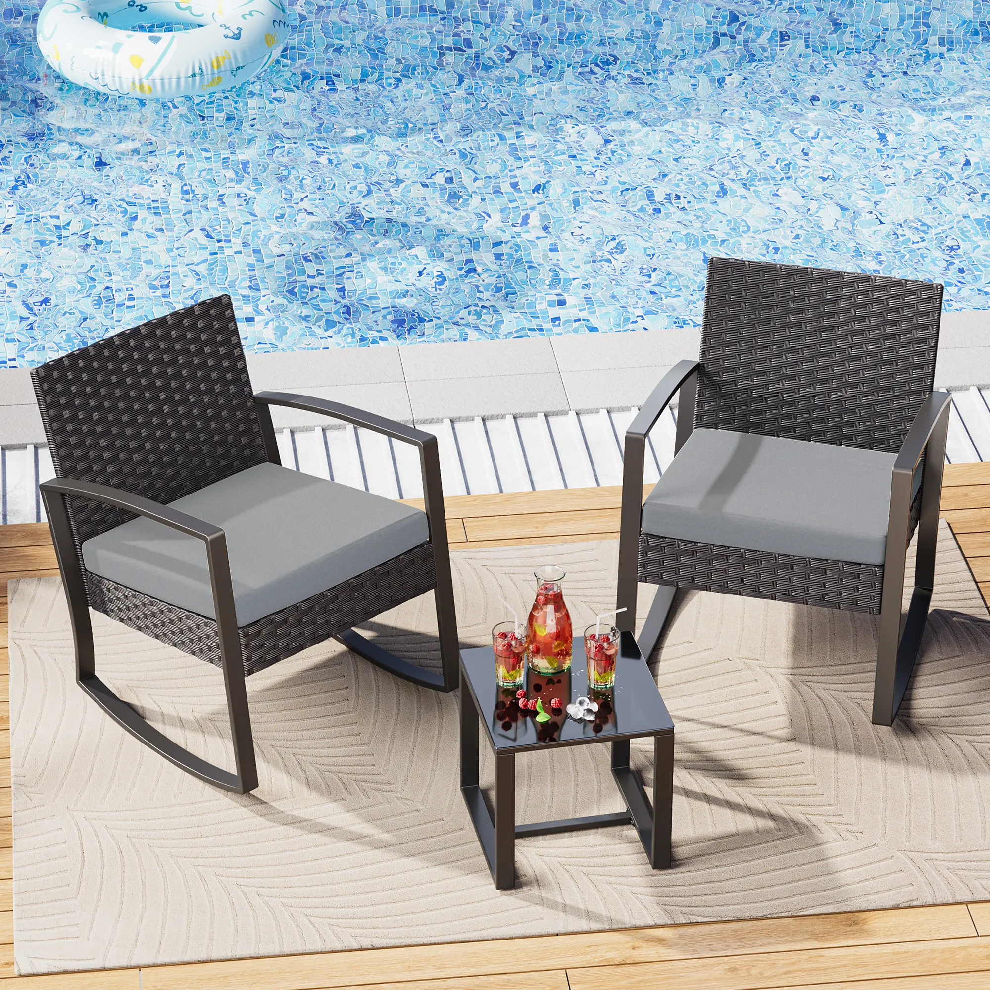 Gizoon 3-Pieces Outdoor Patio Furniture Set Rocking Bistro Set Outdoor Rattan Conversation with Coffee Table for Garden Balcony Backyard Poolside Ergonomic Design Durablr Steel Frame,home decor,camping essentials