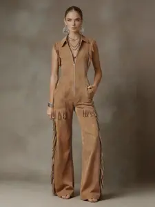 Women's Western Style Suede Fringe Jumpsuit, Sleeveless Stand Collar Zip Design, Wide Leg Slimming Vintage Overall Pants