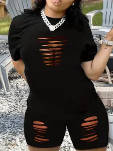Women's Summer Fashion Print T-Shirt and Shorts Set, Casual Daily Wear, Short Sleeve Fitted Plain Top, Comfortable