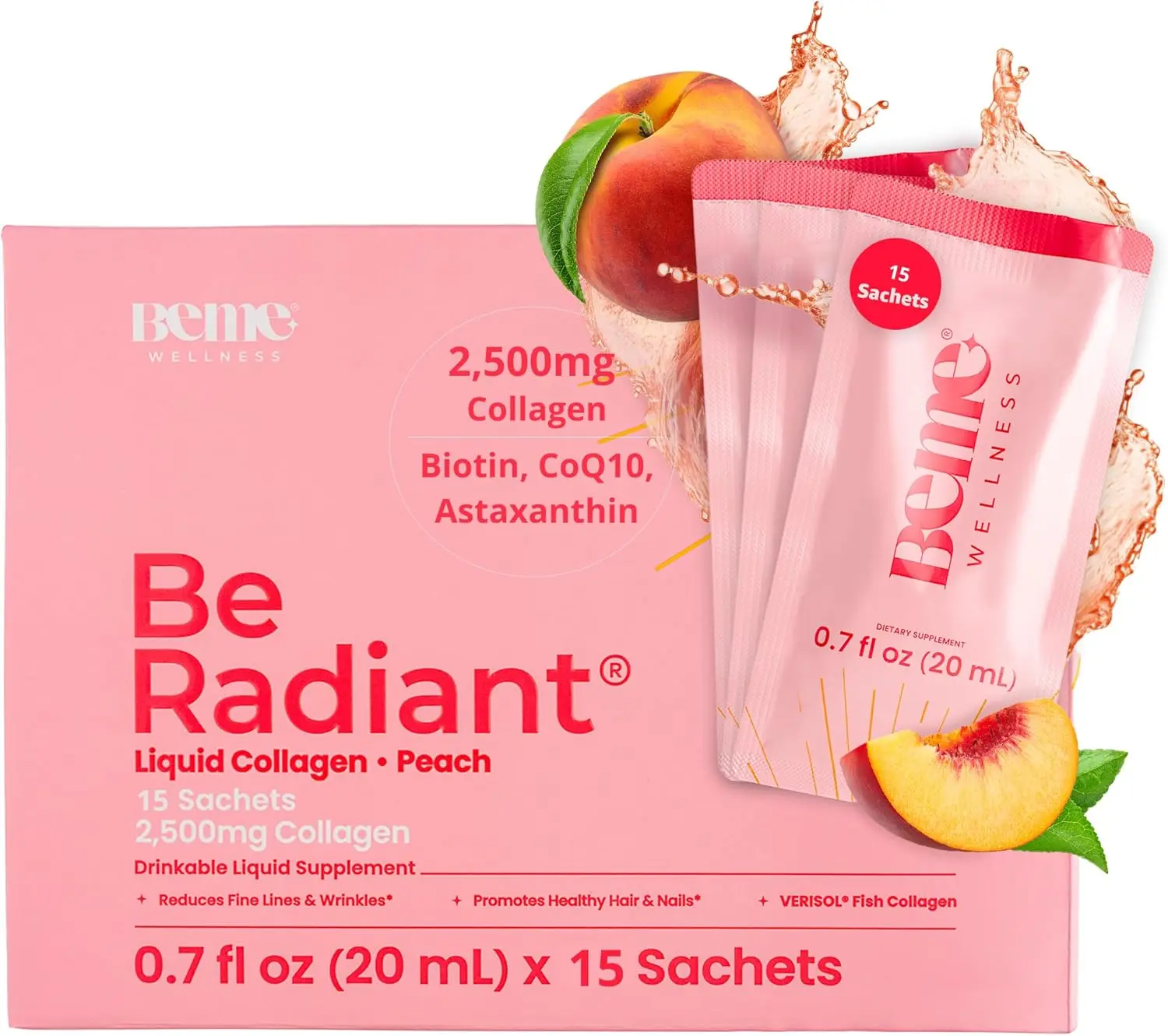 BeMe Liquid Collagen for Women – 2,500mg Marine Collagen Drink, Hydrolyzed Peptides, Biotin, CoQ10, Vitamin C and E Shots, Hair, Nail